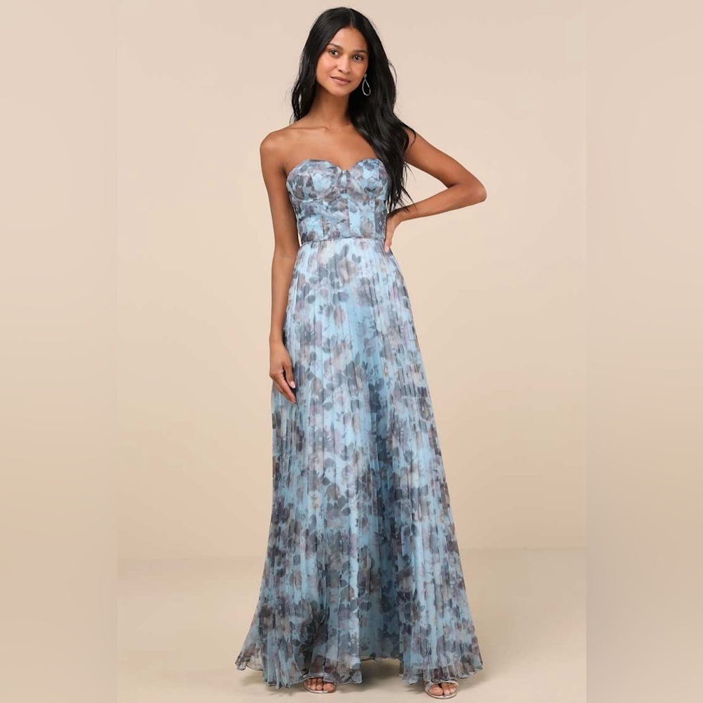 lulus most beautiful day blue multi floral print organza maxi dress
